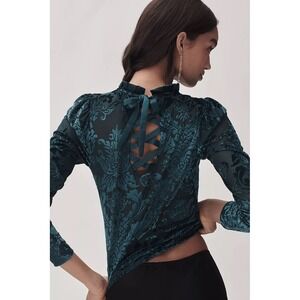 Anthropologie Sheer Velvet Burnout Top Teal XS Whimsigoth Dark Academia Fairy